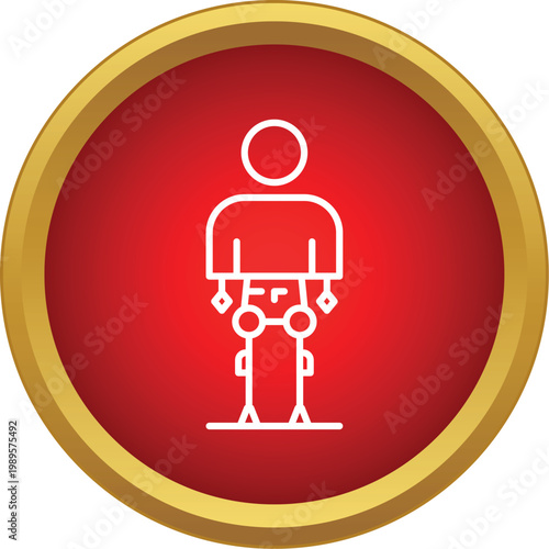 Human figure presenting a futuristic exoskeleton on a red and gold icon