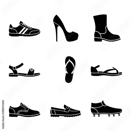 Set of Footwear Icons Black Silhouette Shoes Collection