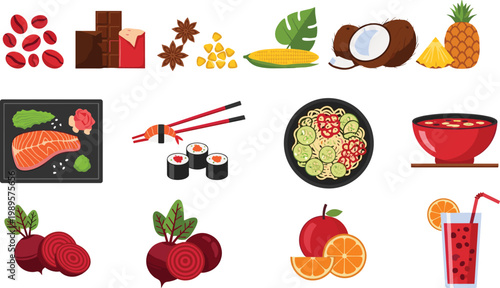 Food and ingredients collection including sushi, salmon, chocolate, fruits, vegetables and dishes isolated vector illustration set