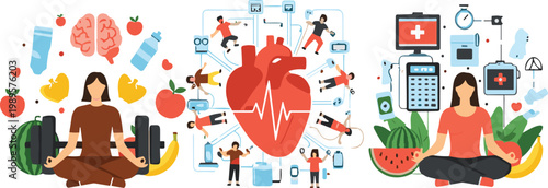 Healthy lifestyle and heart care illustration with meditation fitness nutrition and medical monitoring concept