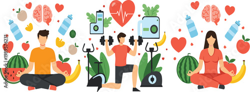 Healthy lifestyle illustration with fitness workout meditation and nutrition for heart and brain wellness concept