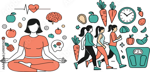 Healthy lifestyle and wellness set with meditation nutrition fitness walking and diet elements illustration collection