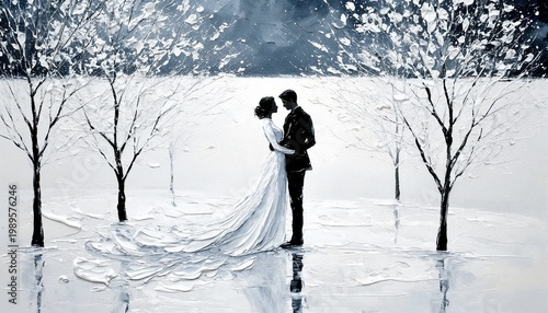 Couple embracing in winter landscape with white trees and snow  