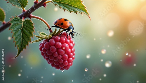 Ladybug resting on ripe raspberry in morning sunlight with droplets  