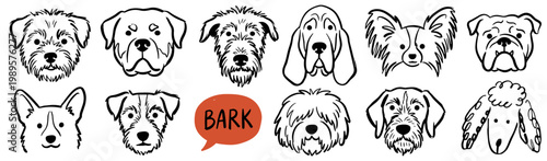 Hand Drawn Dog Breed Faces Collection, Minimalist Black Ink Doodle Illustration Set of Various Puppies on White Background