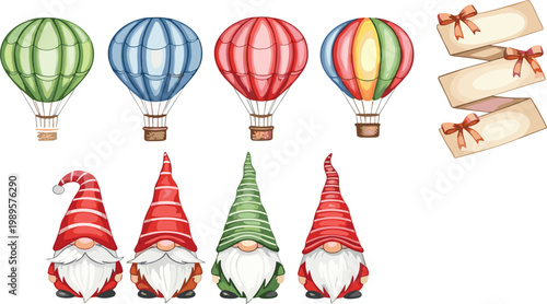 Hot air balloons gift tags and gnome characters set whimsical illustration collection