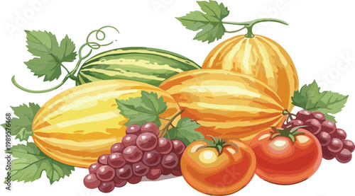 Melon and grapes with tomatoes illustration fresh summer fruits composition with leaves