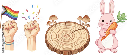 Mixed illustration set with protest hands rainbow flag tree stump mushrooms and cute rabbit with carrot