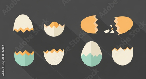 Collection of cracked and whole egg shells with long shadows.