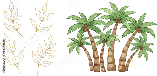 Palm trees and tropical leaves set illustration with coconut palms and botanical line art collection