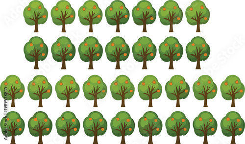 Set of cartoon fruit trees with green foliage and orange fruits isolated on white background, flat vector illustration collection for nature and agriculture design