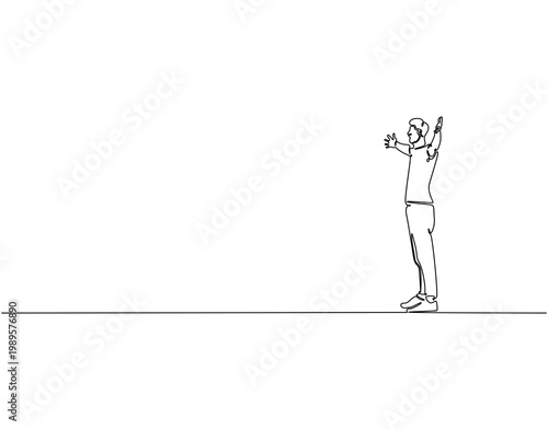 Continuous line drawing of man welcoming pose. Single line illustration of man greeting gesture. Welcoming or greeting concept. Editable outline