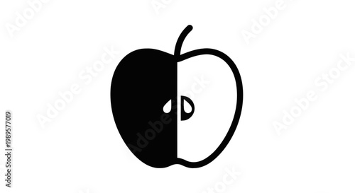 Vector illustration of stylized black and white apple icon, half solid, half outline, on a transparent background