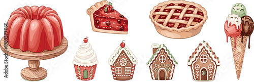 Sweet desserts set with jelly cake pie gingerbread houses and ice cream illustration collection