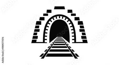 Minimalist vector graphic illustration featuring a dark railway tunnel entrance with prominent stone arch architecture design
