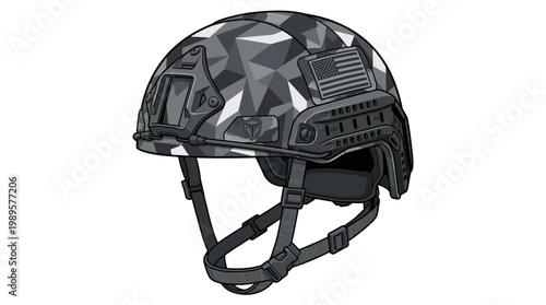 A military soldier wearing a tactical helmet with camouflage gear