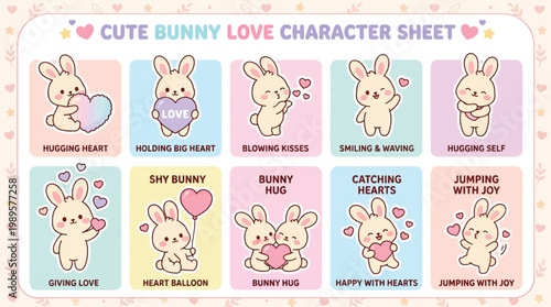 Adorable vector character sheet presenting cute bunnies expressing various love emotions, ideal for charming graphic designs and affectionate projects