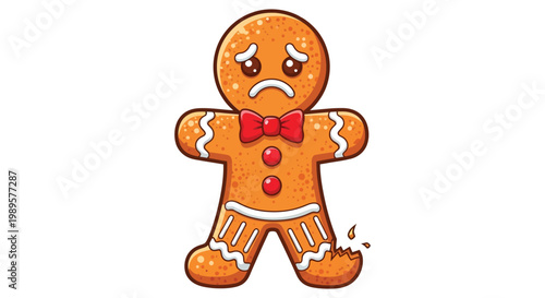 Upset gingerbread man graphic illustration with a broken leg, expressing sadness and disappointment.
