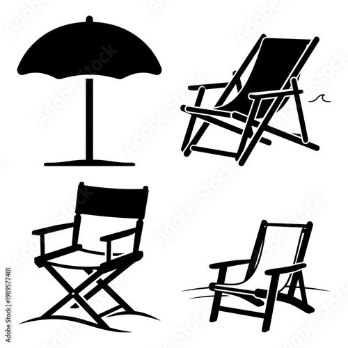 Beach chair and umbrella summer seating icon bundle