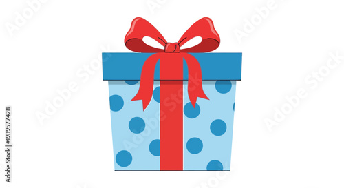 Colorful vector illustration of a festive gift box adorned with a red ribbon and blue polka dots