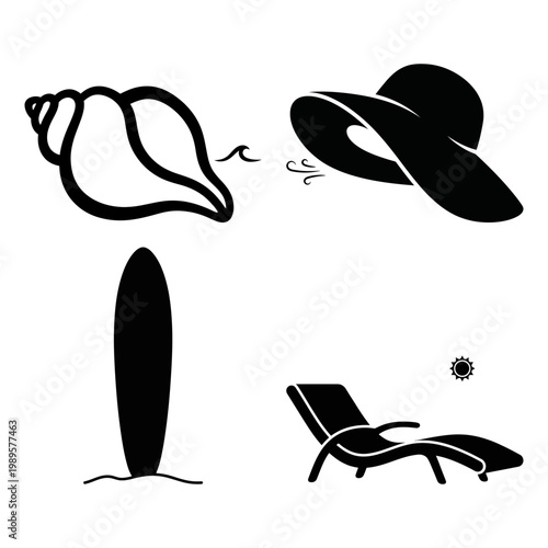 Seashell hat surfboard and lounger beach icon bundle