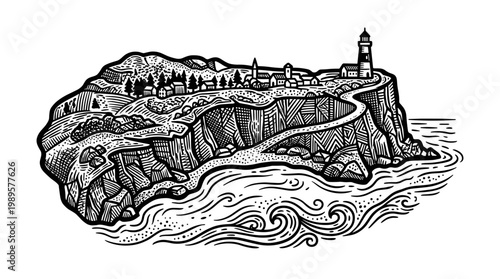 Vector Pinocut A scenic coastal illustration featuring a lighthouse on a rocky island, highlighting the beauty of nature and architecture.