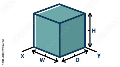 Vector Pinocut A 3D cube illustration showing its dimensions.