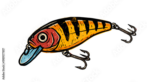 Vector Pinocut An illustration of a fishing lure with sharp hooks, a vibrant design, and angling concept.