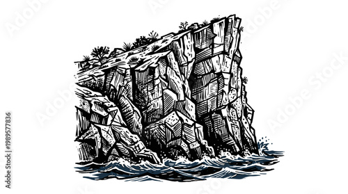Vector Pinocut Image of a cliff with sea and natural stone details.
