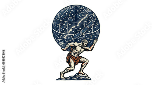 Vector Pinocut Atlas holding the world, symbolizing strength and burden.