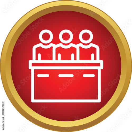 Three figures representing a jury or panel sitting at a desk in a legal or corporate setting