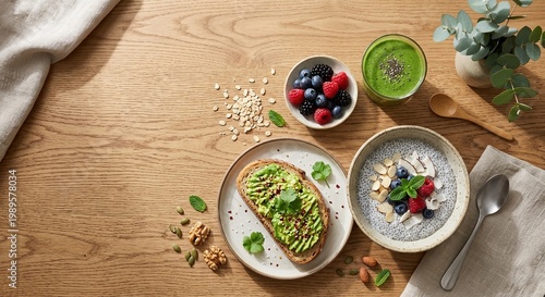 Healthy Vegan Breakfast with Avocado Toast and Smoothie Bowl