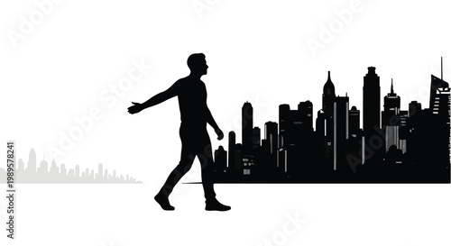 Silhouette of young urban professional businessman walking alone in city skyline at night with modern skyscrapers in background, feeling successful and confident