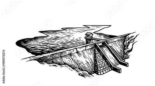 Vector Pinocut A detailed illustration of a dam and the flowing water.