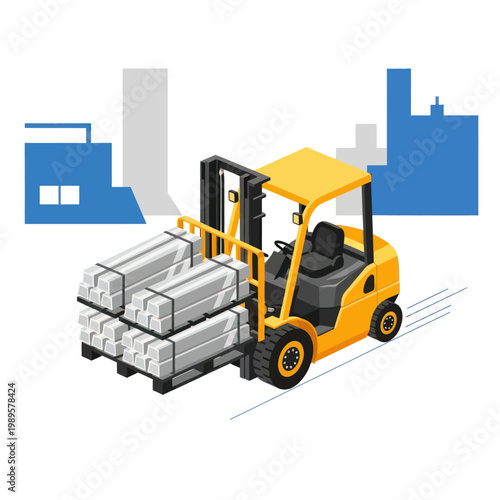 Isometric Forklift Truck Transporting Pallet of Goods in Industrial Setting.