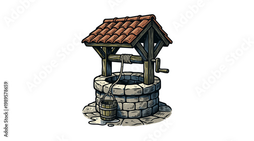 Vector Pinocut Old stone well with wooden roof.