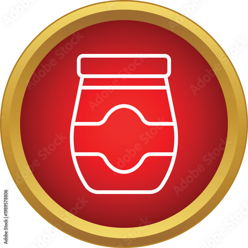 Outline drawing of a food preserve jar on a round red and gold button