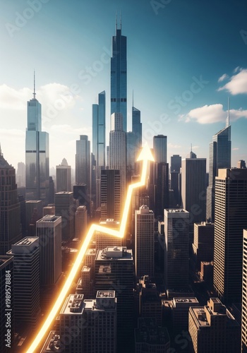 Aerial View of Cityscape with a Glowing Arrow Upward