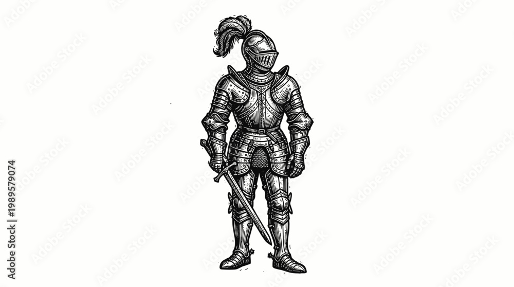 Fototapeta premium Vector Pinocut A stoic knight in full armor stands ready for battle. 