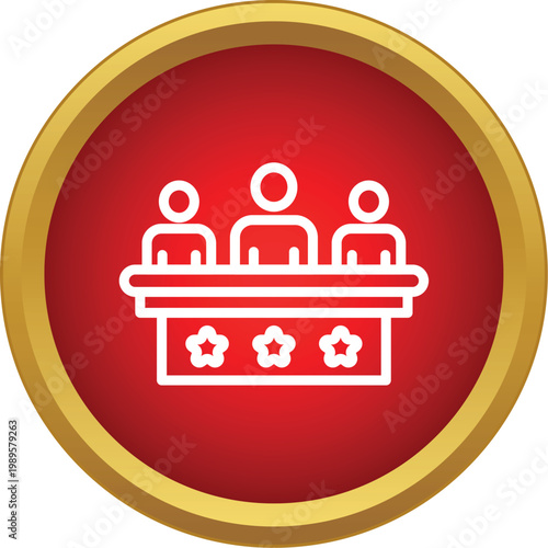 Judges panel sitting at desk with stars representing a rating or evaluation