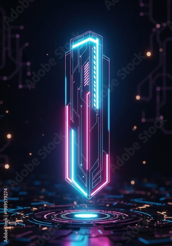 Abstract Geometric Structure with Neon Lighting on Circuit Board