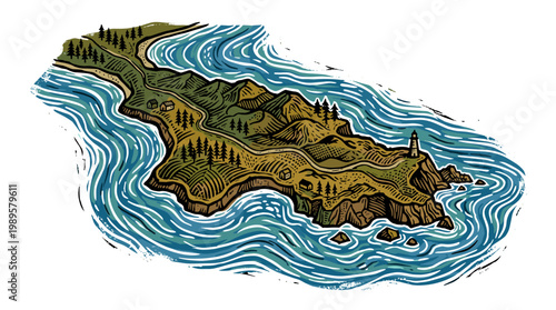 Vector Pinocut Coastal land with a lighthouse and winding road.