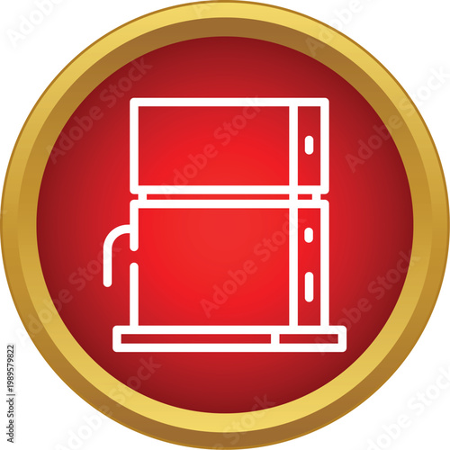 Outline coffee maker icon centered on a bold red circular button with a gold frame