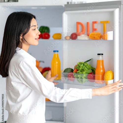 A woman in a white shirt opens a refrigerator, reaching for a juice bottle, the shelves filled with fresh fruits and vegetables