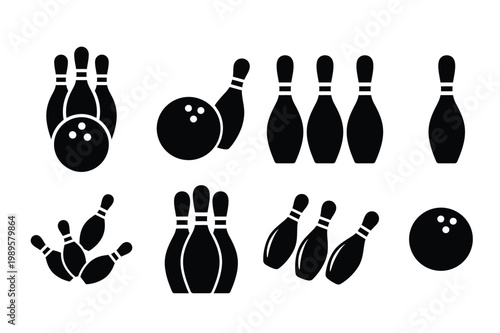 Bowling Pins And Ball Silhouette Icon Set Isolated on White Background