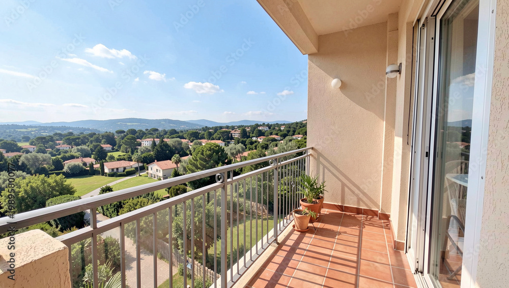 Naklejka premium Balcony overlooks green hills and distant buildings. Bright blue sky with scattered clouds above. Metal railings frame the tiled balcony area. Potted plant sits near glass doors on the balcony