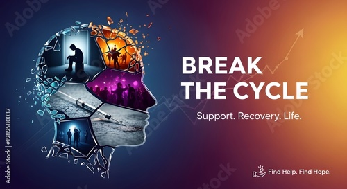 A head with a broken structure and a person climbing out of it with the text break the cycle