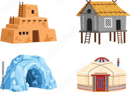 Traditional and Indigenous Dwellings Vector Set Featuring Mud House Stilt Hut Ice Igloo and Nomadic Yurt Architecture for Cultural Education and Travel Design