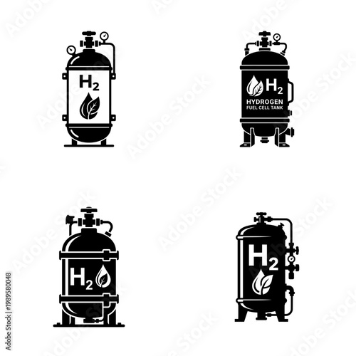 set of a hydrogen fuel cell tank with the letters 'H2' and a water drop leaf icon. set of  fuel cell tank