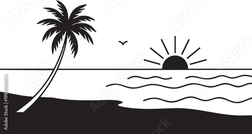 Tropical beach sunset with palm tree and ocean waves on transparent background vector.